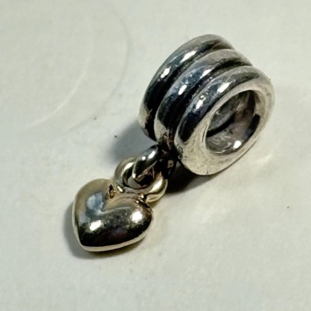 PANDORA 16” Snake Oxidized Necklace + 925 ALE 14k Gold Heart + 3 Charms - Picture 7 of 8